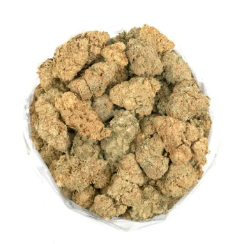 Overhead view of a large amount of Ghost Bubba marijuana buds in a bag